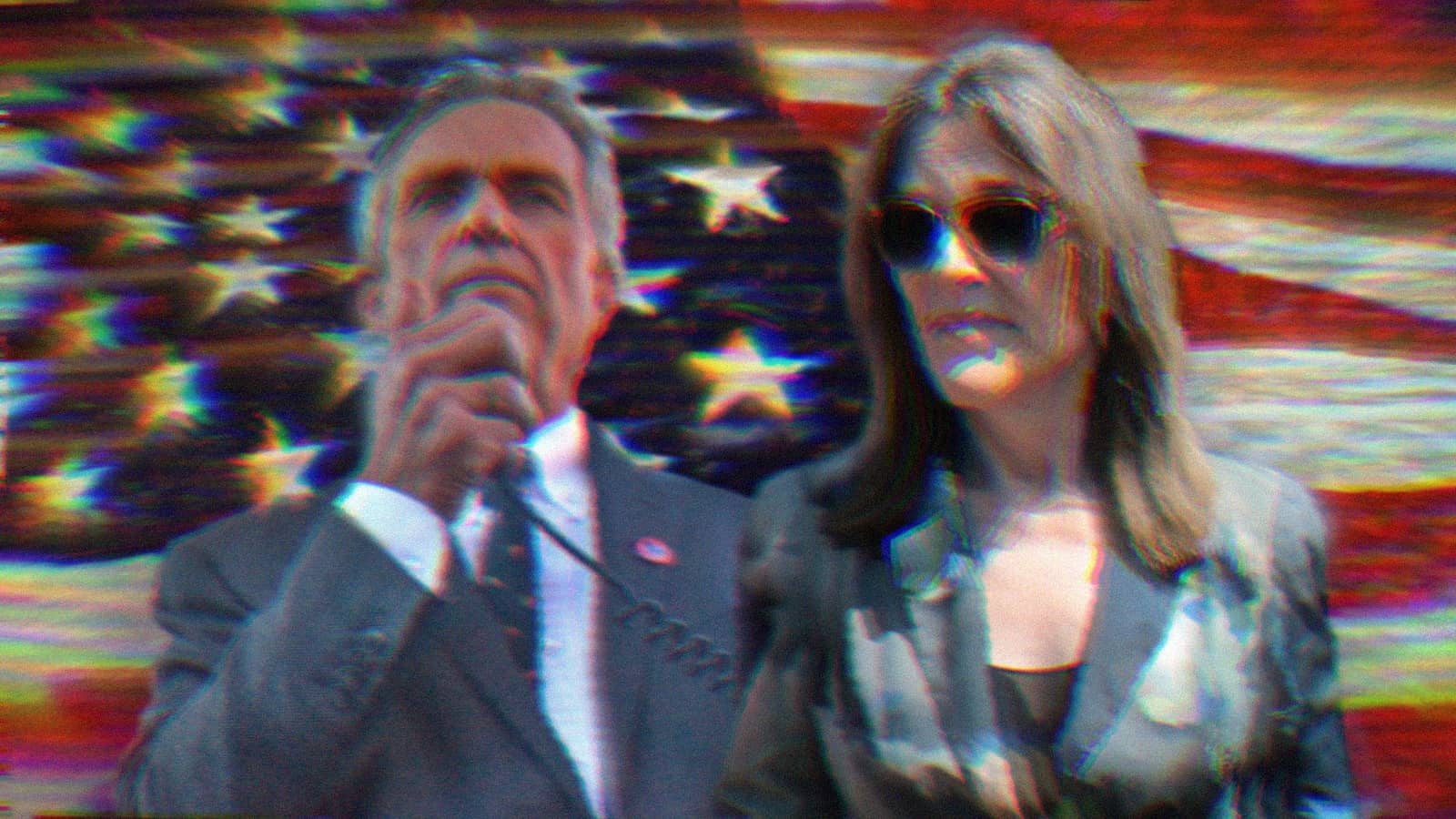 Composite image of Robert F. Kennedy Jr. and Marianne Williamson over an American flag background