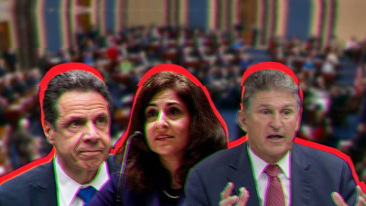 Cut out photos of Andrew Cuomo, Neera Tanden and Joe Manchin overlaid on a blurred background of Senate