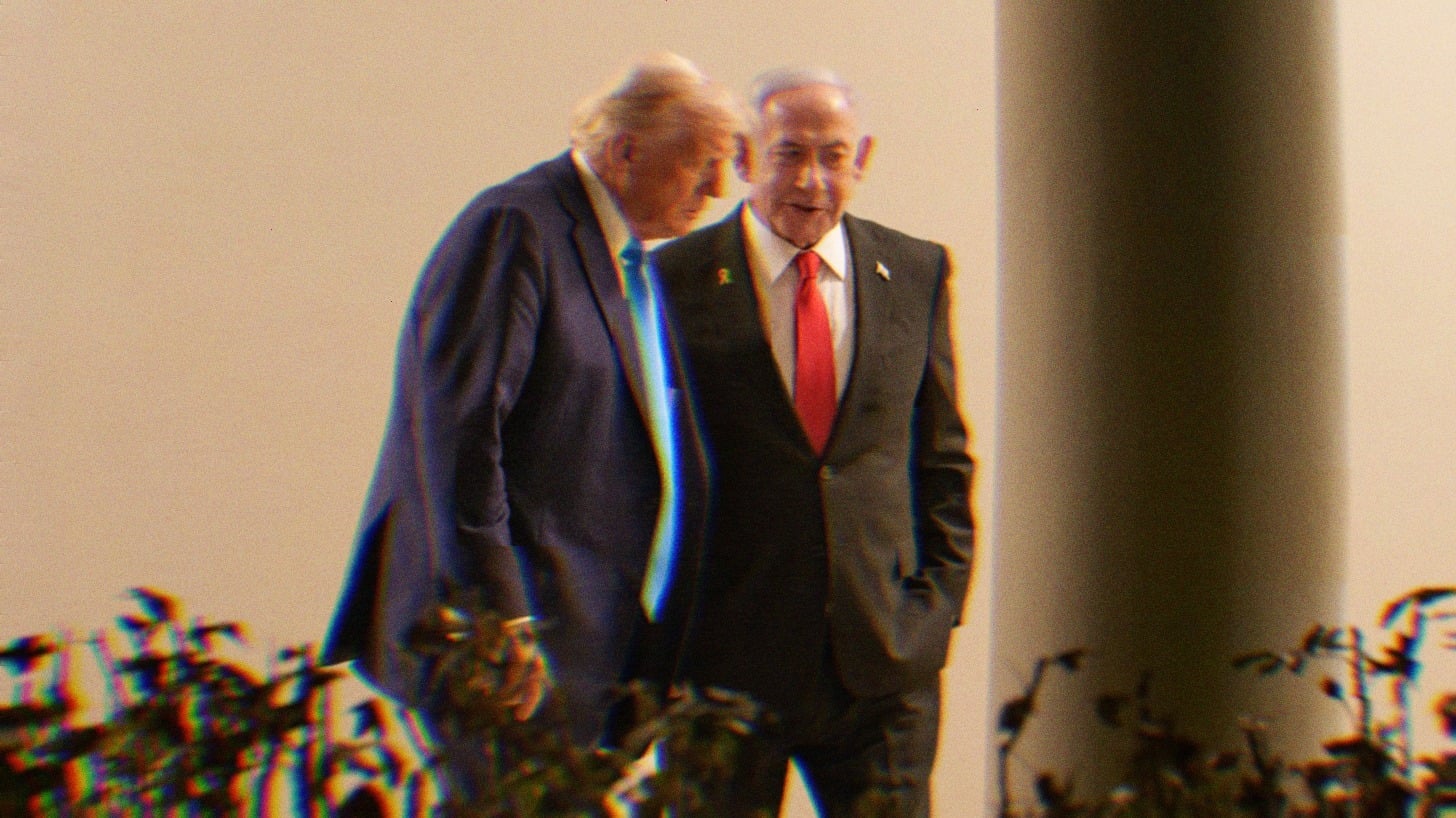 Donald Trump and Benjamin Netanyahu standing close together, talking.