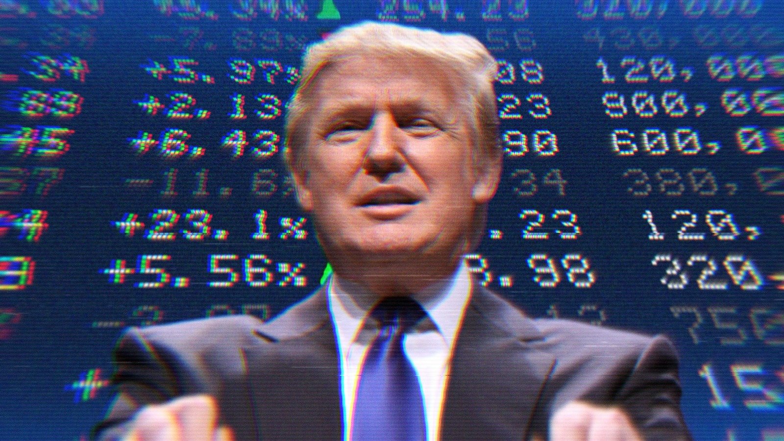 Donald Trump in front of a stock ticker.