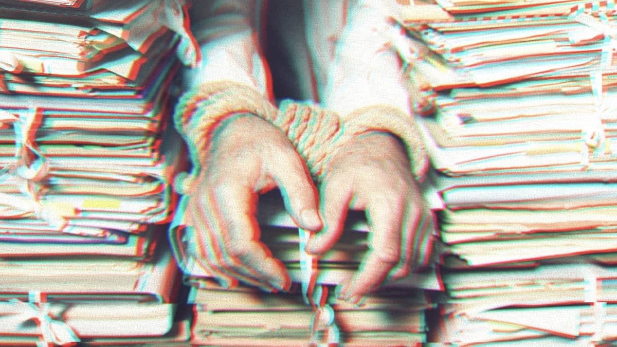 Glitchy photo of 3 stacks of paperwork. A man’s wrists are bound by rope handcuffs and rest on the middle stack of papers.