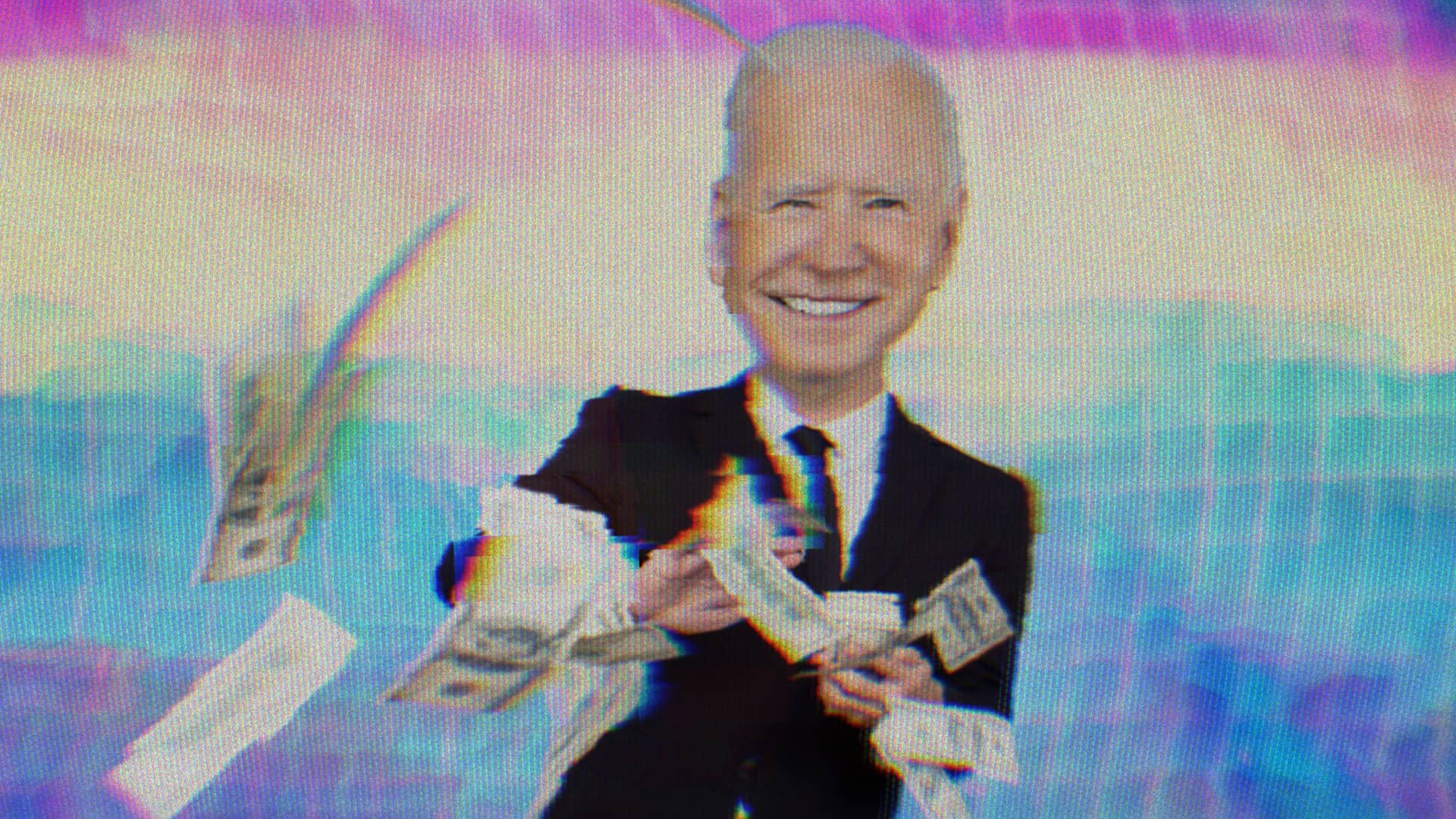 Joe Biden smiling and making it rain with a stack of cash.