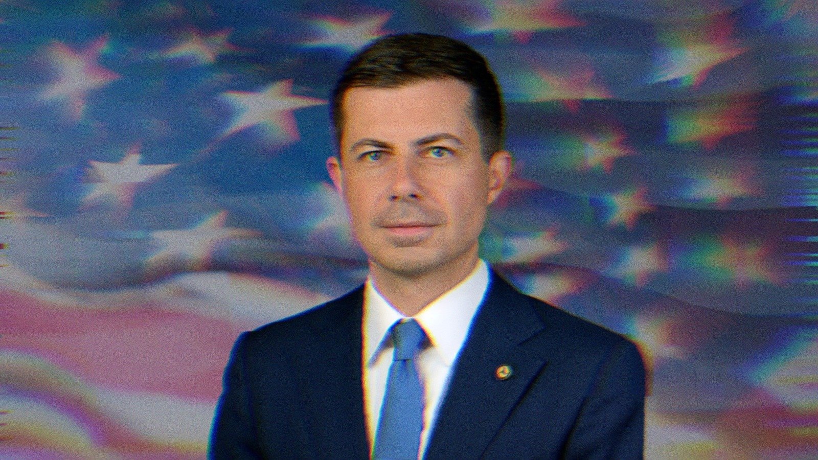 Pete Buttigieg in front of the American flag.