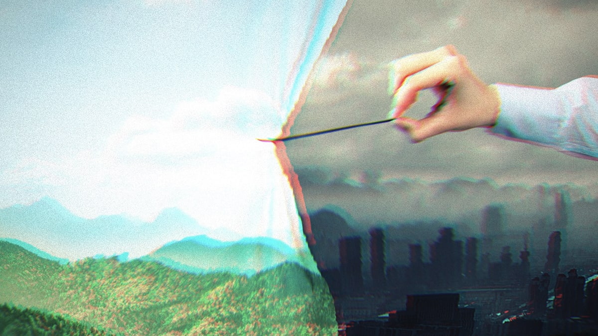 Someone pulling a curtain with image of mountains, green grass and nature over a grey, smoggy cityscape.