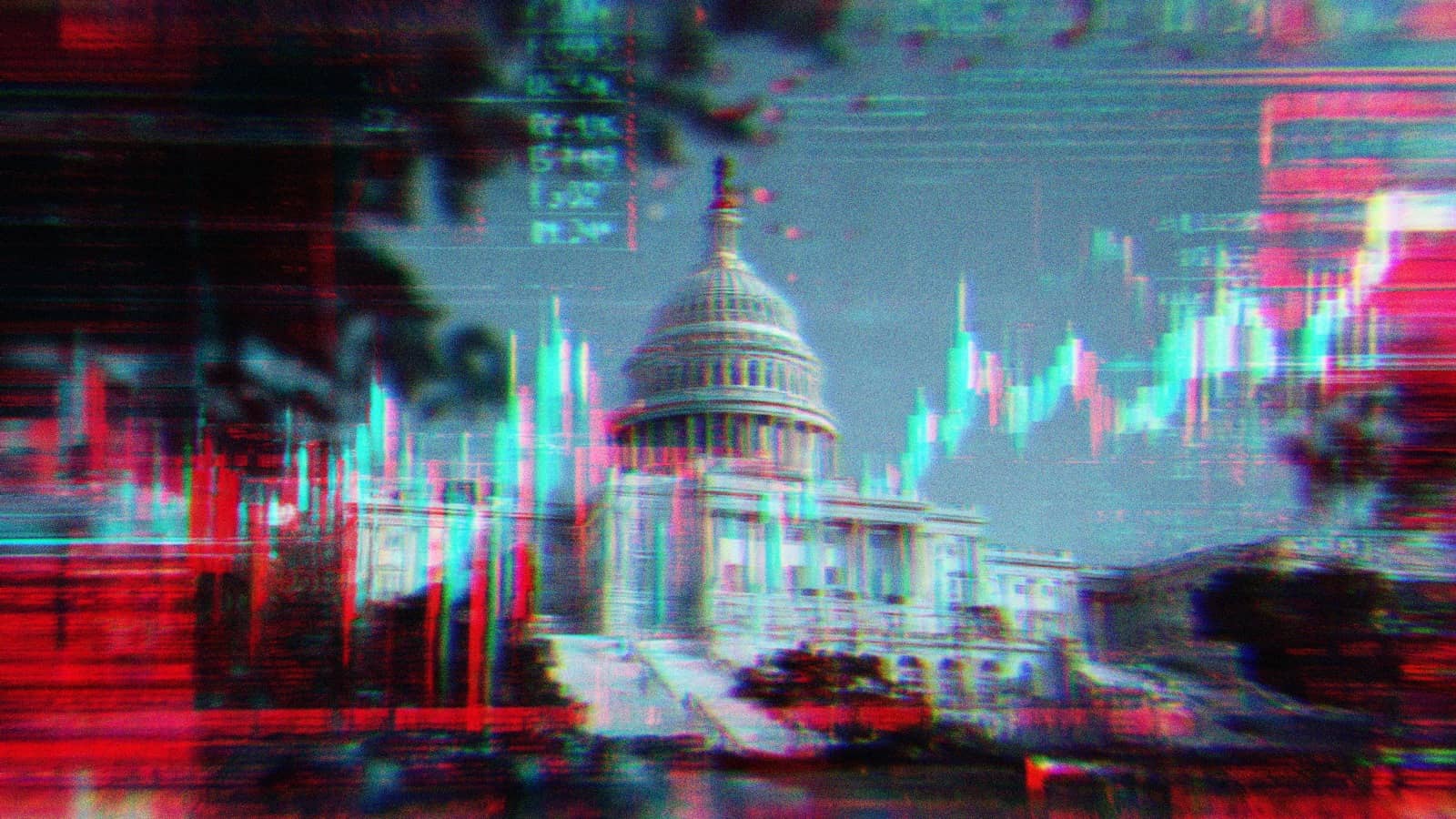 The U.S. Capitol Building overlayed with glitchy stock market-like symbols.
