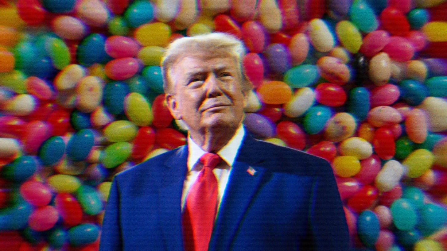 Trump staring forward, lips pursed almost smiling. Rainbow jelly beans are behind him, with one black bean in frame.