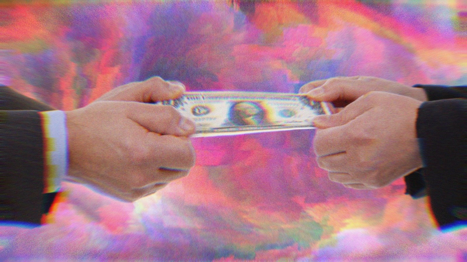 Two hands pulling a dollar bill in their respective directions.