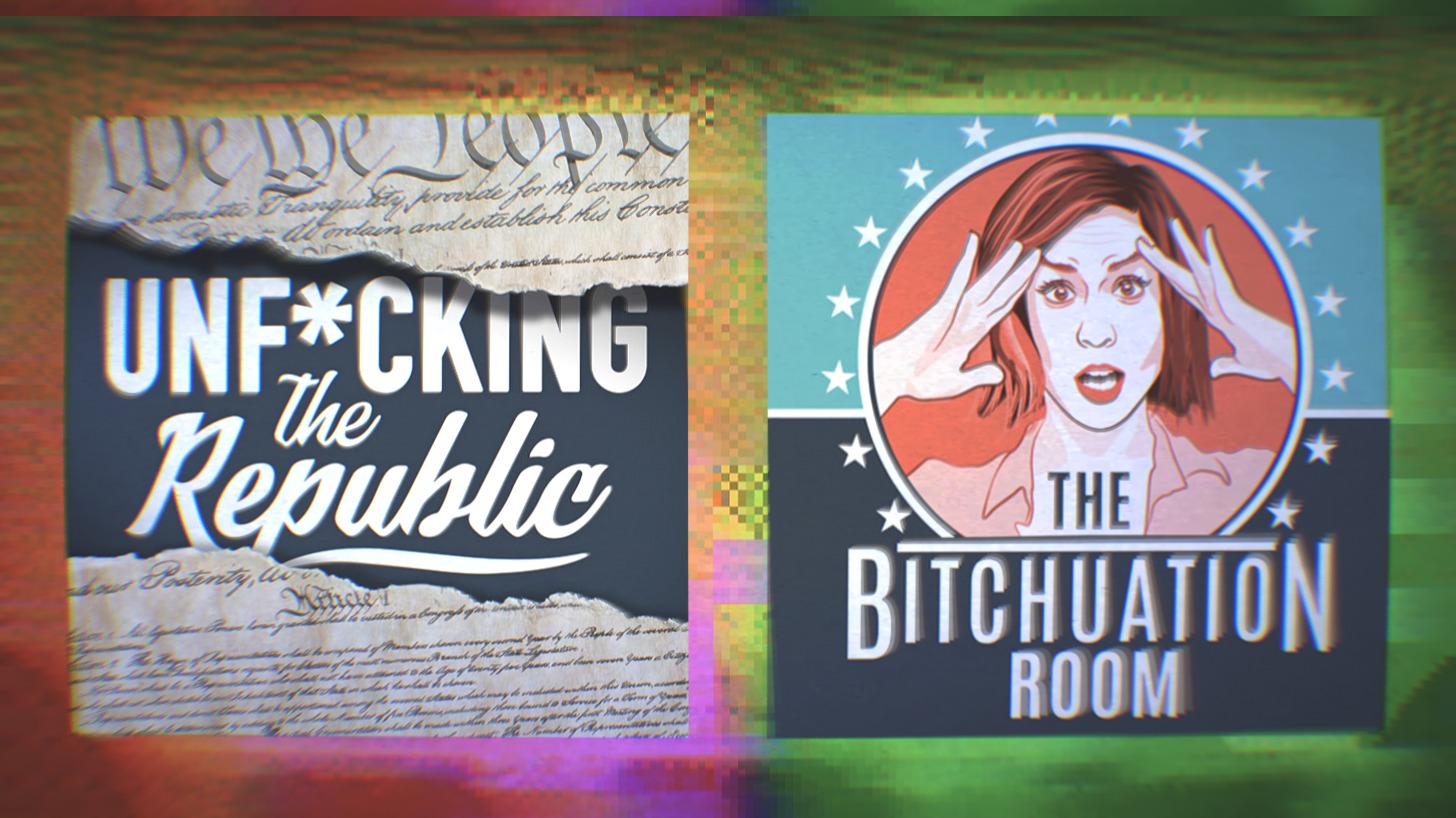 Unf*cking The Republic Logo and Bitchuation Room Podcast logo on a rainbow background.