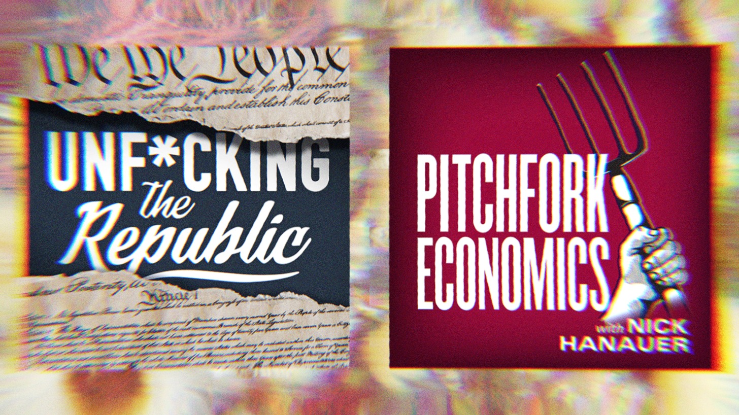 Unf*cking The Republic Logo and Pitchfork Economics Podcast logo on a rainbow background.