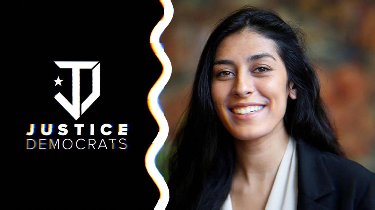 Alexandra Rojas' headshot alongside the Justice Democrats Logo