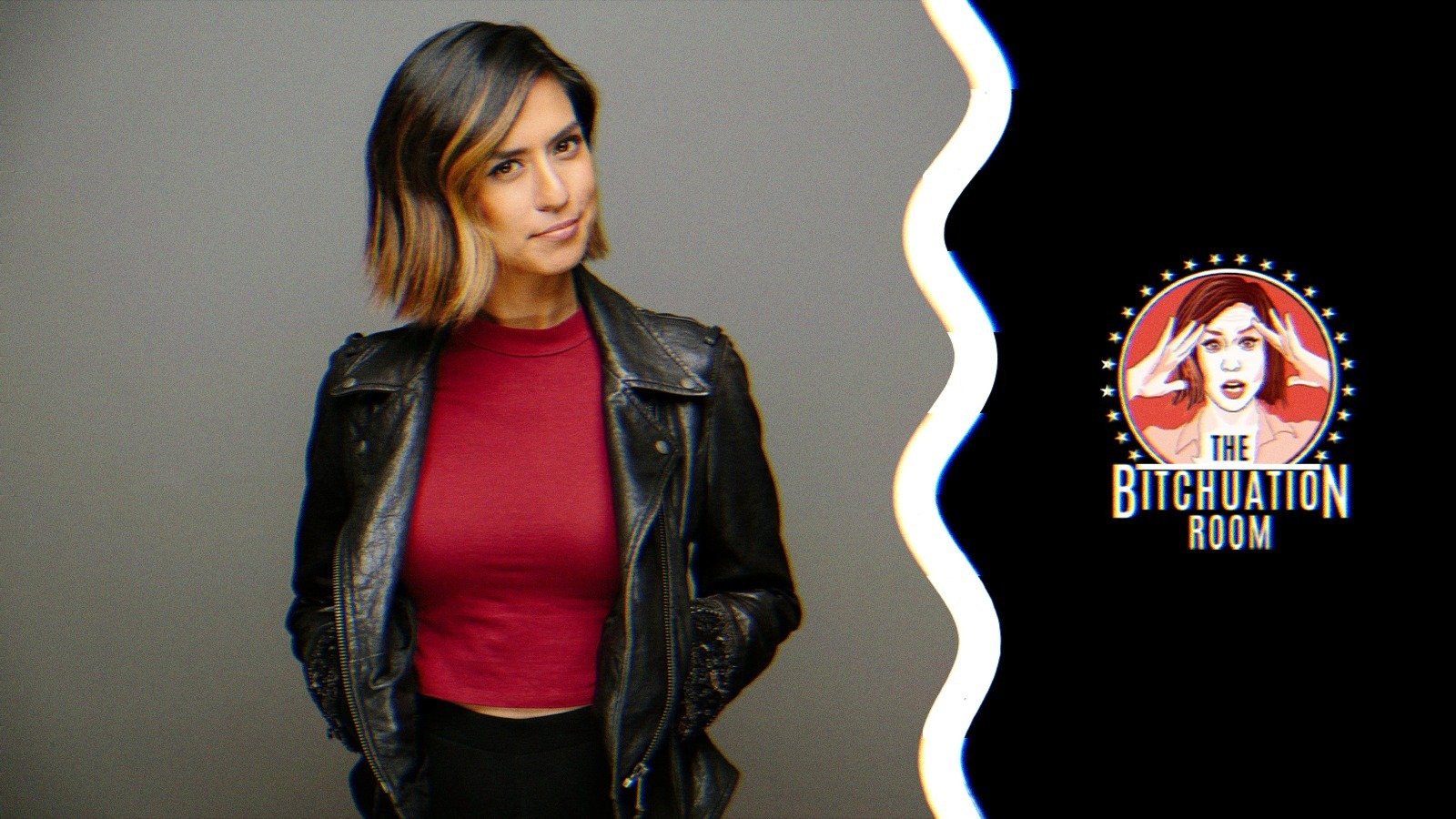 Francesca subtly smiling in a photo alongside the logo for The Bitchuation Room podcast.