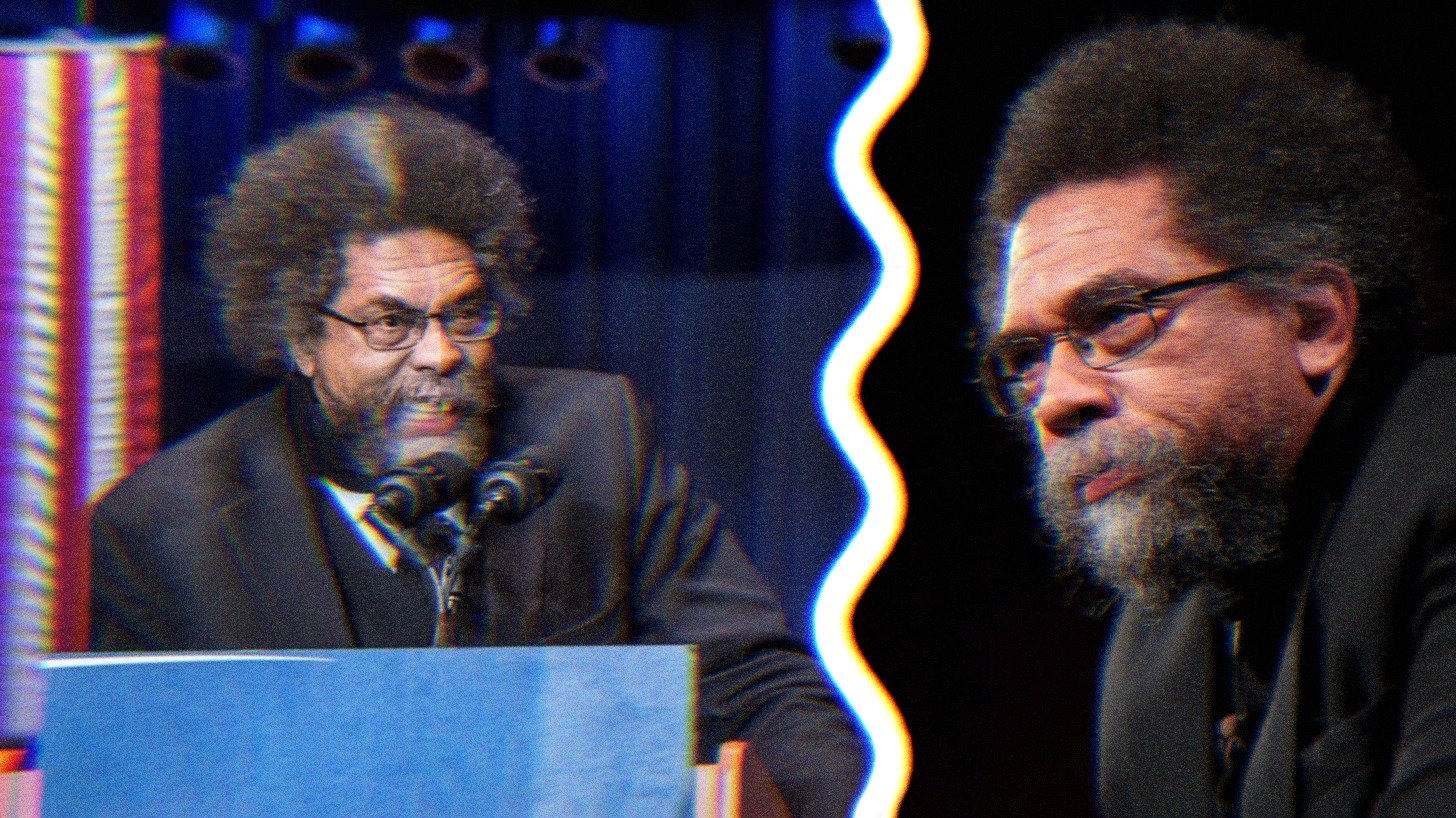 Two images of Cornel West; the first he is speaking at a podium, the second he is looking to the side in thought.