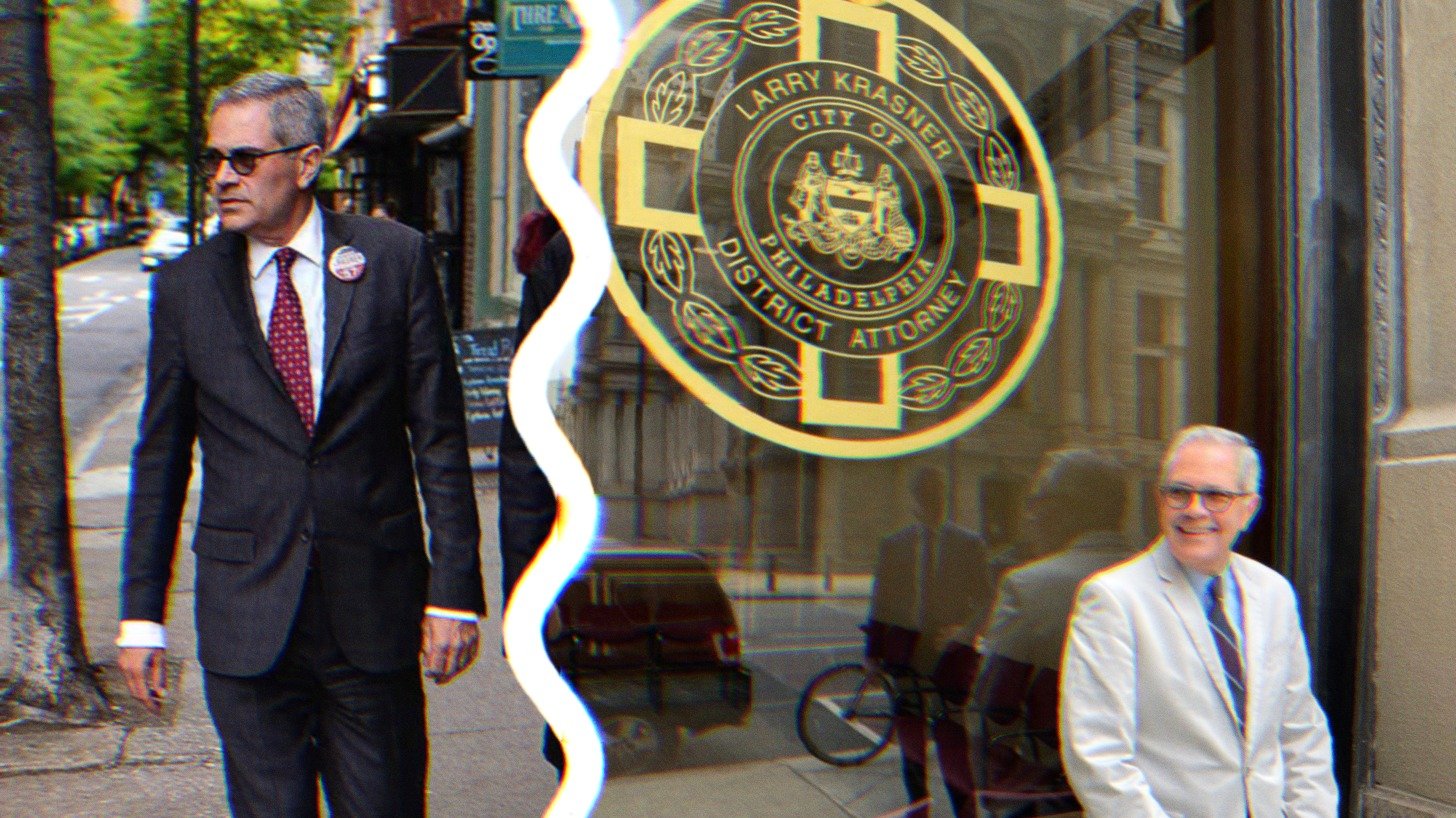 Two photos of Larry Krasner; one of him walking down the street wearing a campaign button, the other in front of his office window where an emblem is featured, which says Larry Krasner, District Attorney, City of Philadelphia