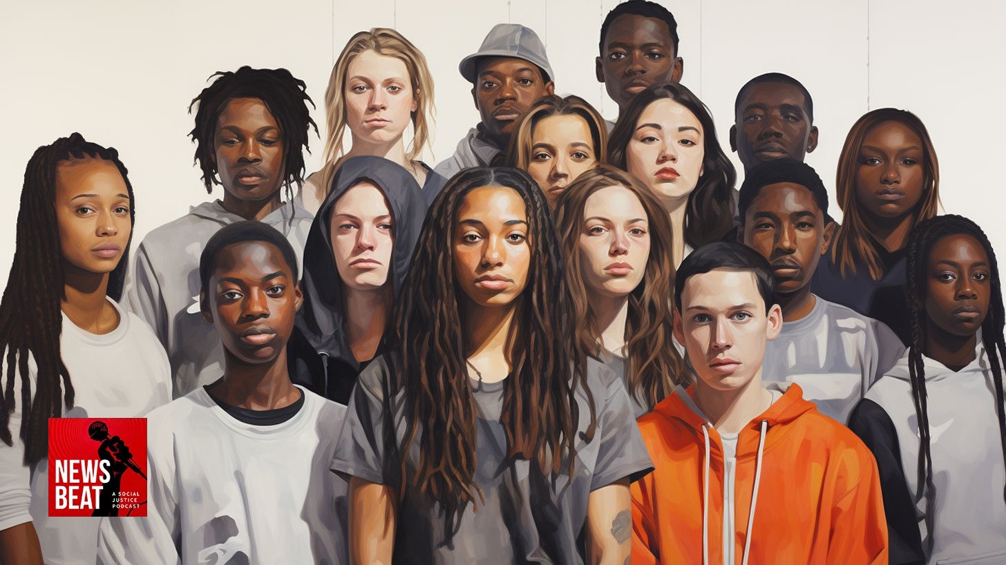 A diverse group of kids and teens stand together.